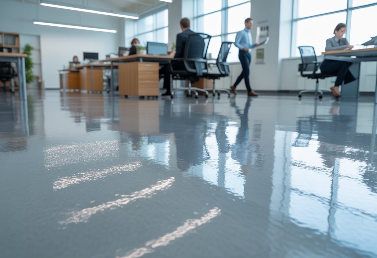 A modern commercial office with glossy epoxy resin flooring, desks, chairs, and people working.