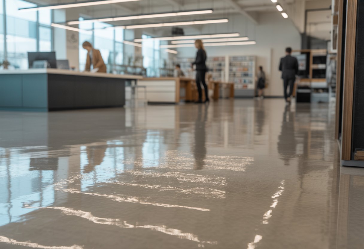 A spacious commercial interior with shiny epoxy resin flooring, showing desks and people working or shopping in the background.