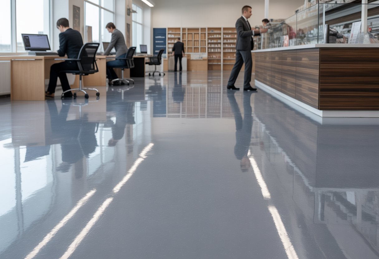 A clean and spacious commercial interior with shiny epoxy resin flooring, showing people working at desks and retail displays in a bright office or store environment.