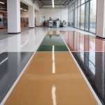 A commercial interior showing different types of epoxy resin flooring with various finishes and textures in a clean, well-lit space.