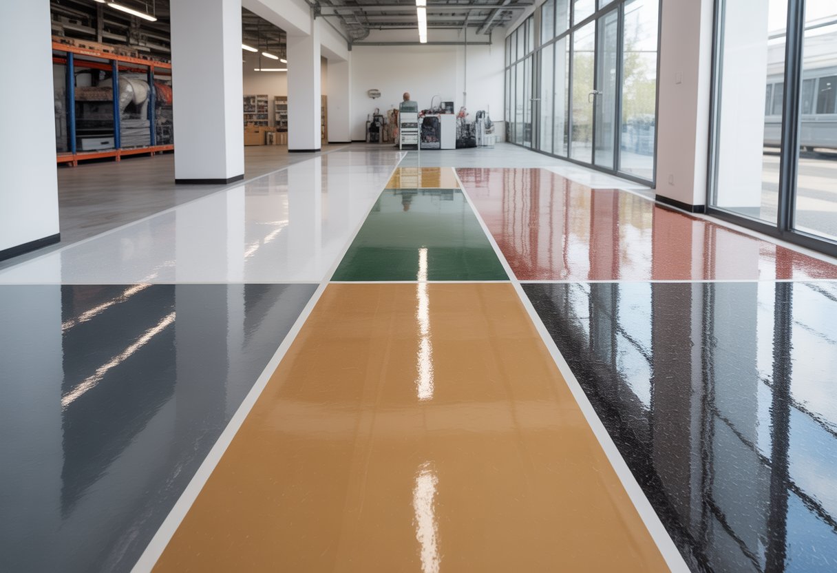 A commercial interior showing different types of epoxy resin flooring with various finishes and textures in a clean, well-lit space.