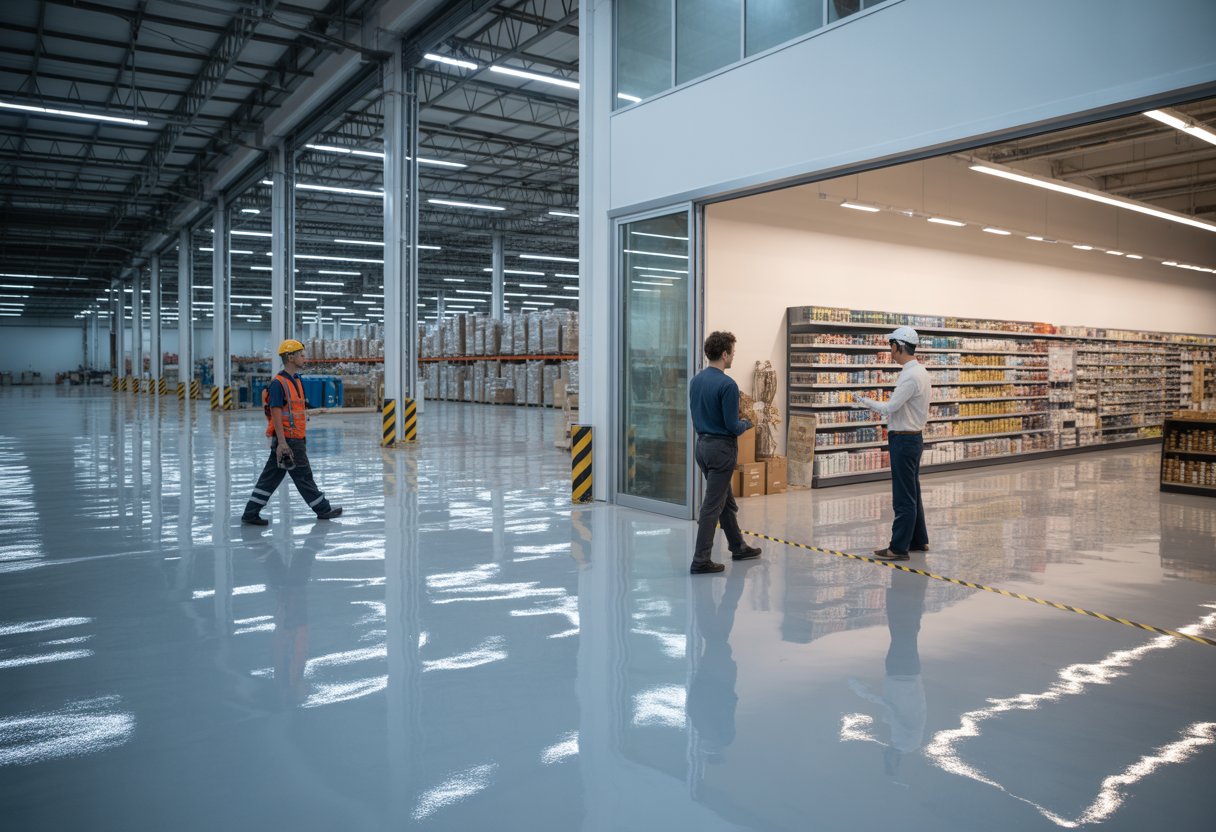 A spacious industrial warehouse and retail showroom which benefits from a smooth, shiny epoxy resin floors, showing workers and customers moving comfortably in the clean, well-lit space.