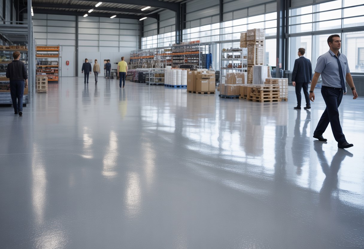 A clean industrial or retail space with smooth, shiny epoxy resin flooring, shelves or displays, and people working or walking inside.