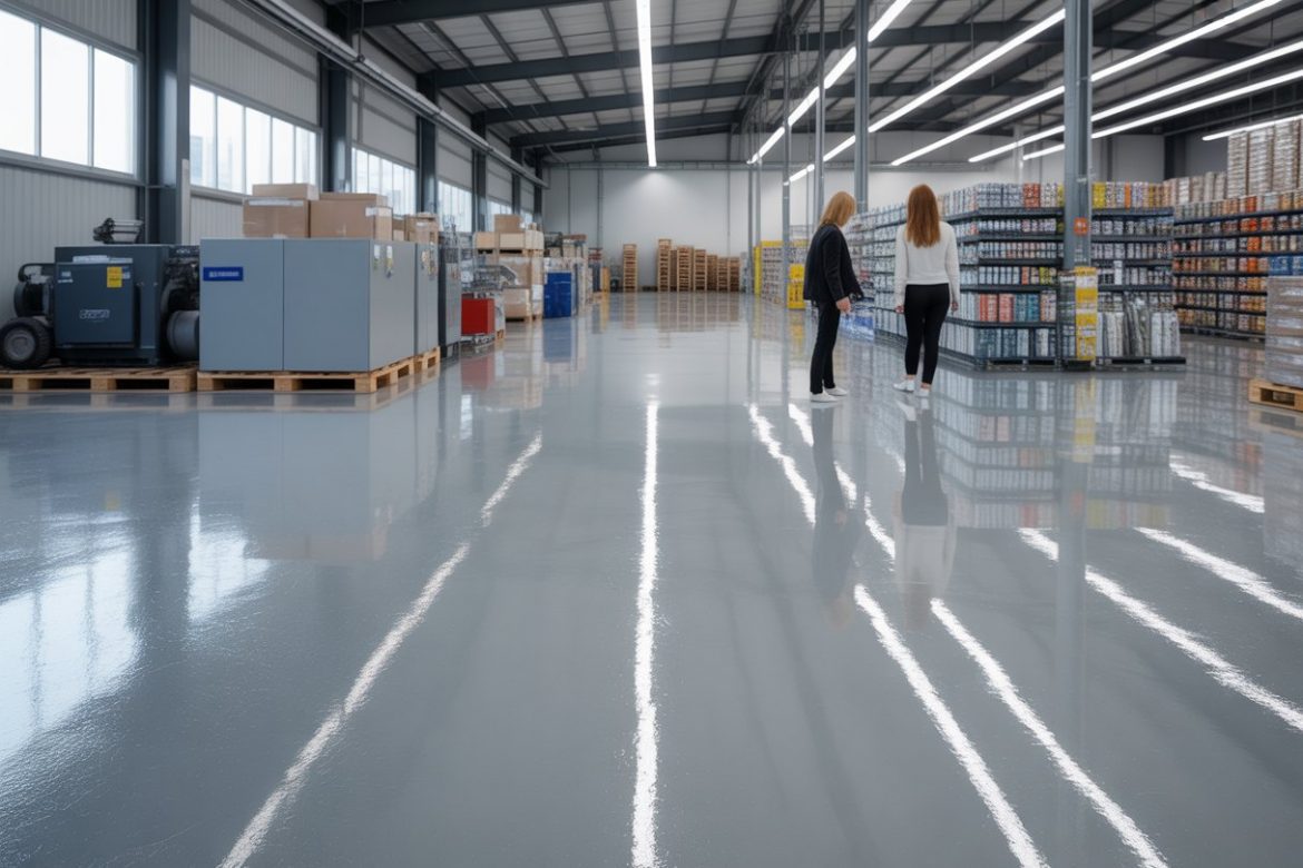 A spacious industrial and retail space with shiny, seamless epoxy resin flooring, showing machinery and products in a clean, well-lit environment.