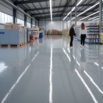 A spacious industrial and retail space with shiny, seamless epoxy resin flooring, showing machinery and products in a clean, well-lit environment.