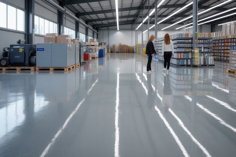 A spacious industrial and retail space with shiny, seamless epoxy resin flooring, showing machinery and products in a clean, well-lit environment.