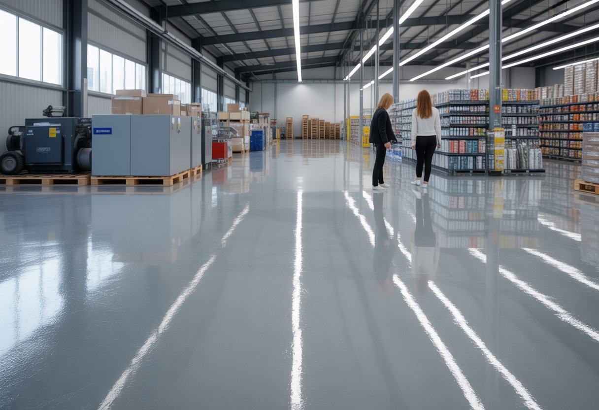 A spacious industrial and retail space with shiny, seamless epoxy resin flooring, showing machinery and products in a clean, well-lit environment.