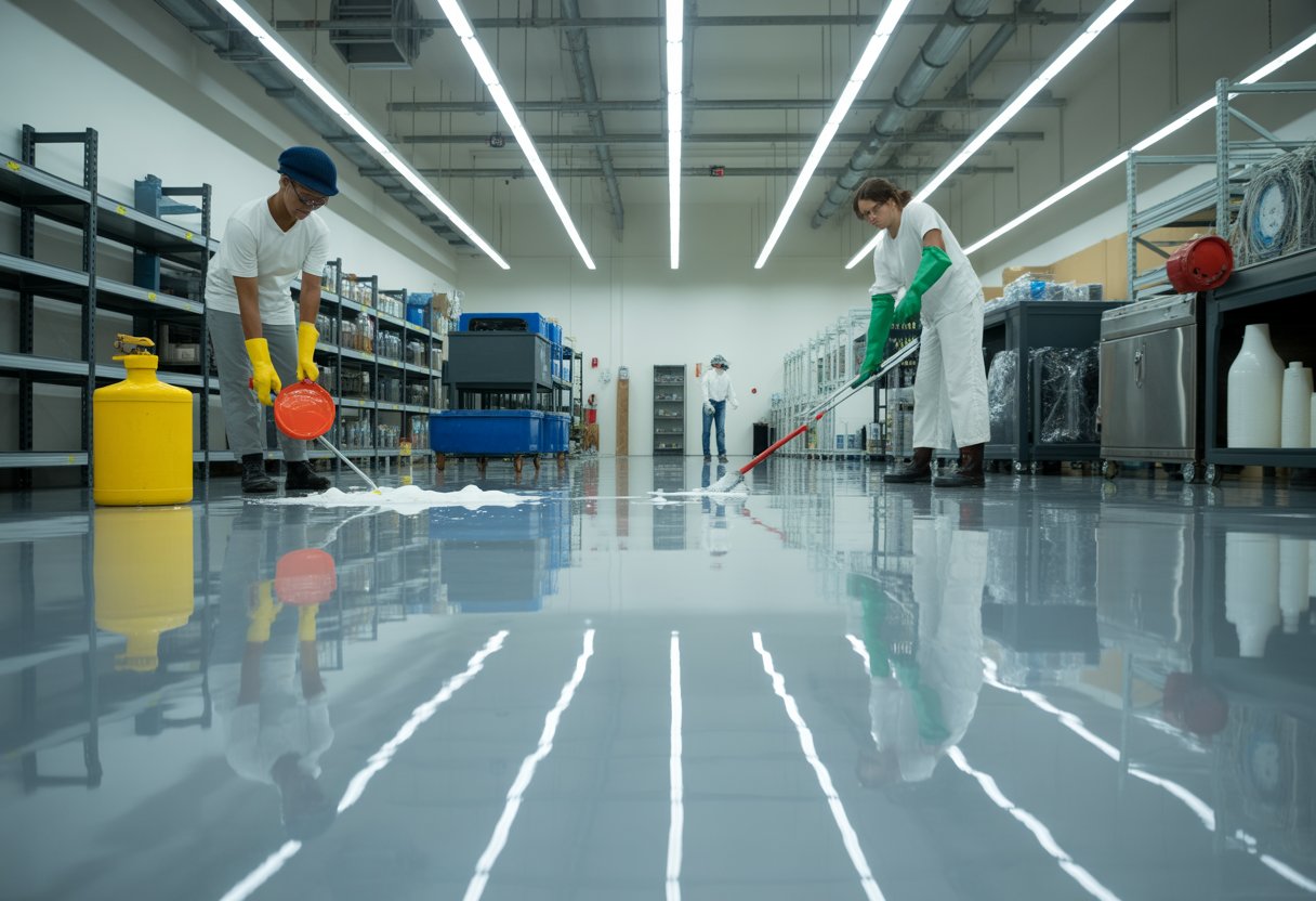 A clean industrial or retail space with glossy epoxy resin flooring, workers handling chemical containers and cleaning spills, shelves and machinery in the background.