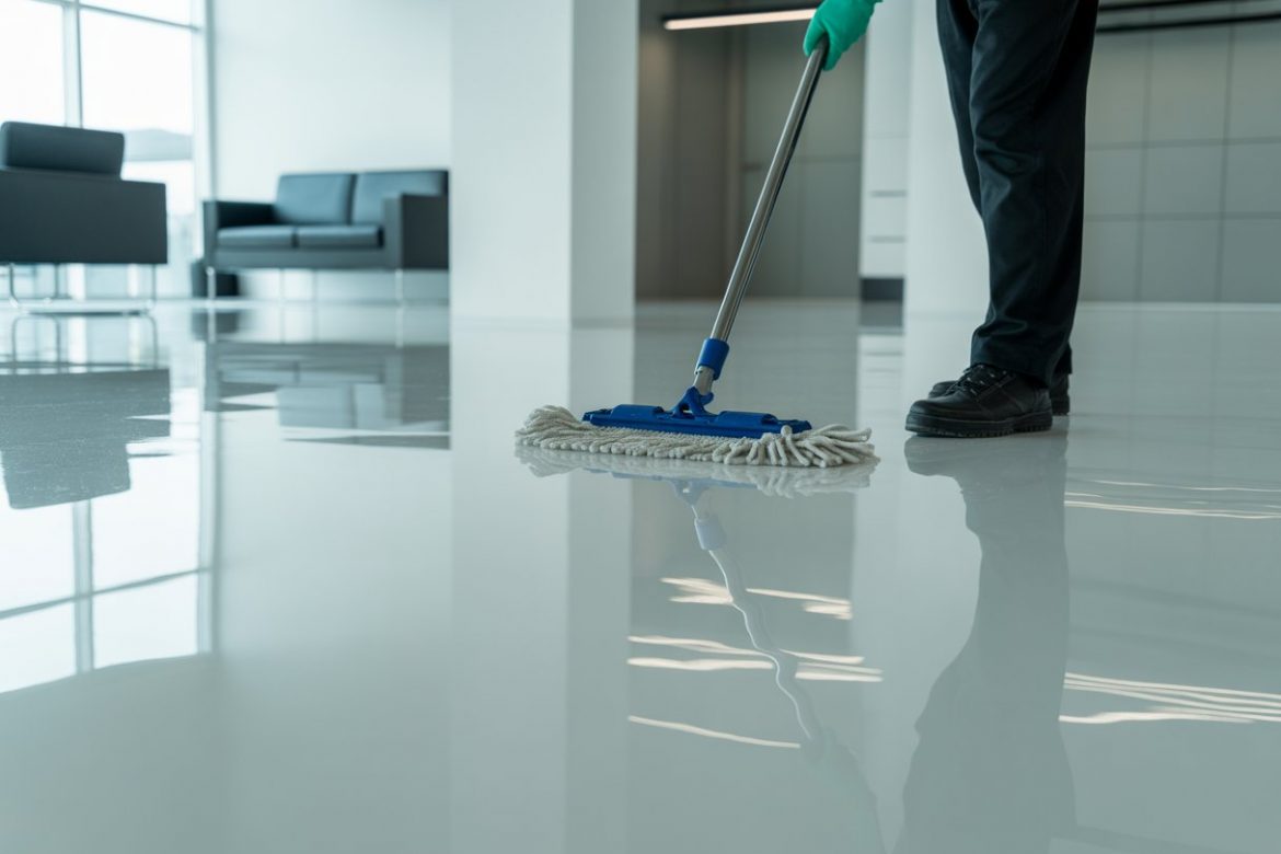 A person cleaning shiny epoxy resin flooring in a bright commercial space using a mop.