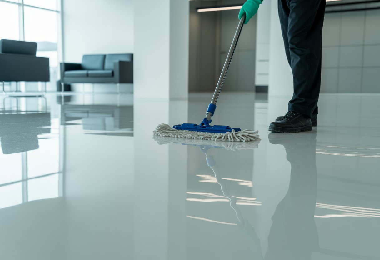 A person cleaning shiny epoxy resin flooring in a bright commercial space using a mop.