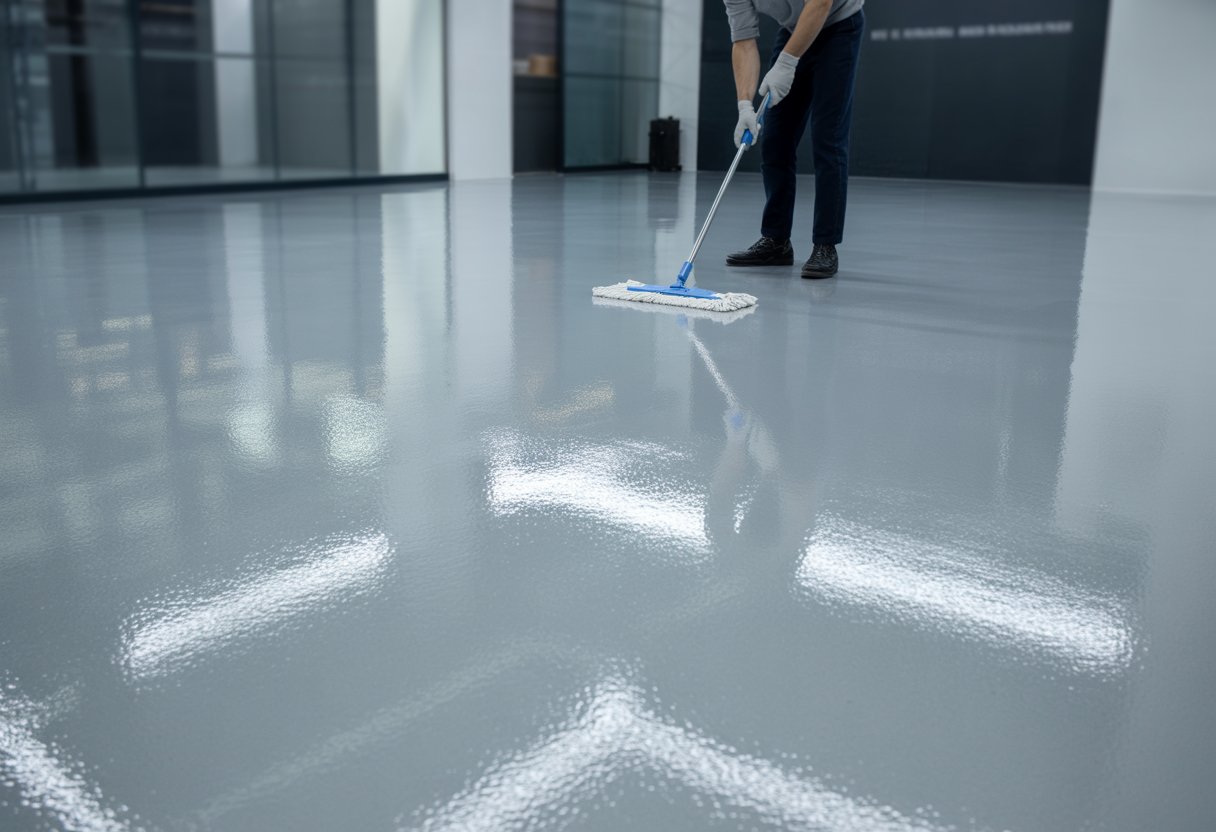 A person cleaning a shiny commercial epoxy resin floor in a spacious, well-lit industrial or commercial space.
