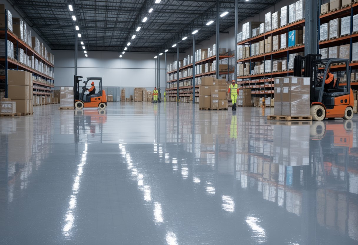 A large warehouse with shiny epoxy flooring, tall shelves filled with boxes, and workers operating forklifts.