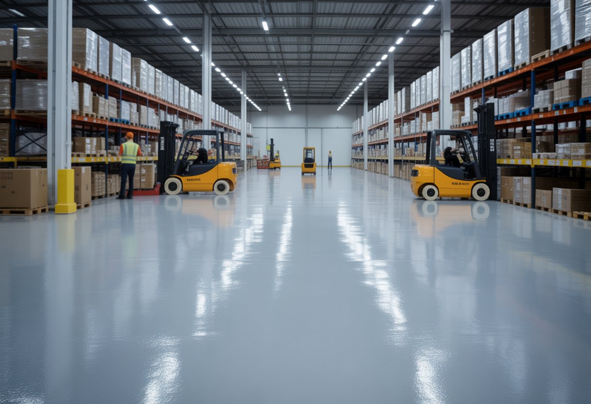 Interior of a large warehouse with shiny epoxy flooring, shelves filled with boxes, and workers operating forklifts.
