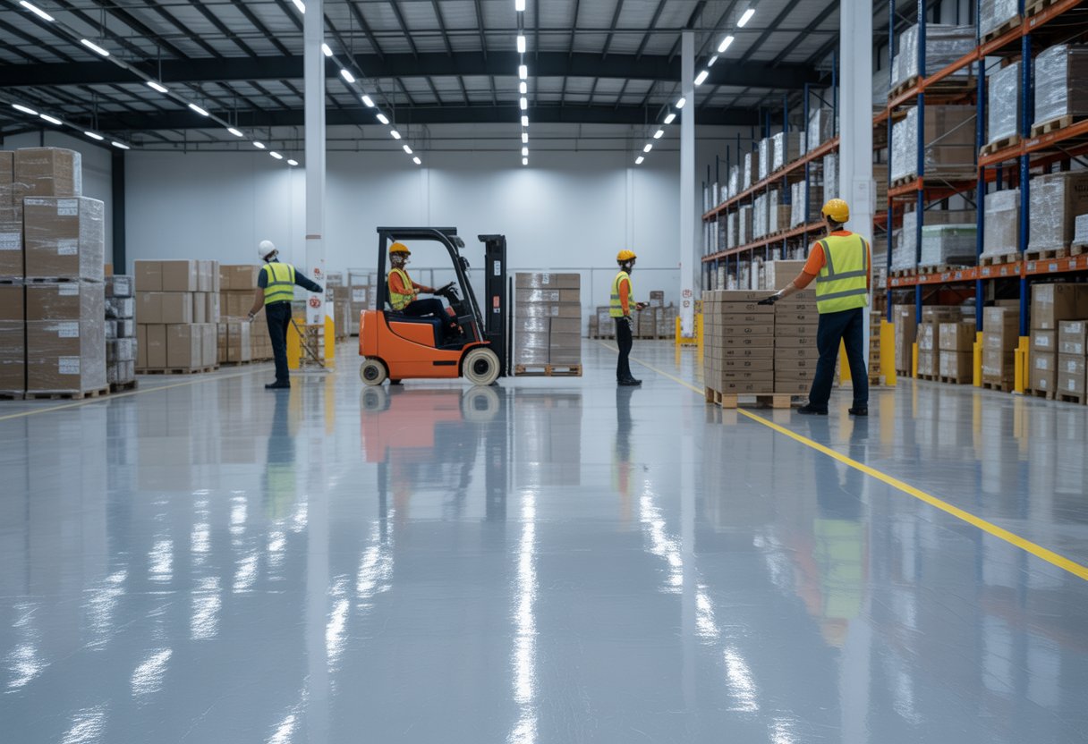 Warehouse interior with workers wearing safety gear on shiny epoxy flooring, operating forklifts and handling inventory.