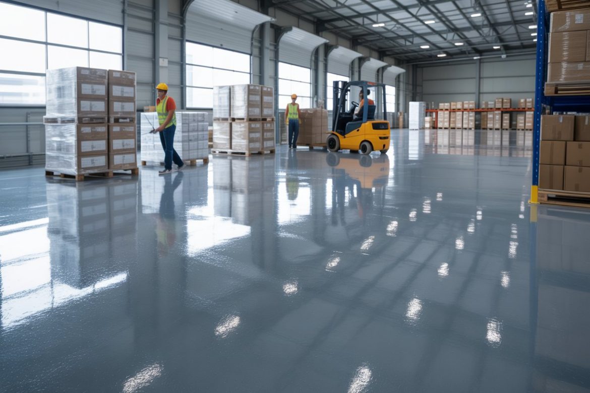 Interior of a spacious warehouse with shiny epoxy flooring, pallets of goods, forklifts, and workers moving items.