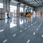 Interior of a spacious warehouse with shiny epoxy flooring, pallets of goods, forklifts, and workers moving items.