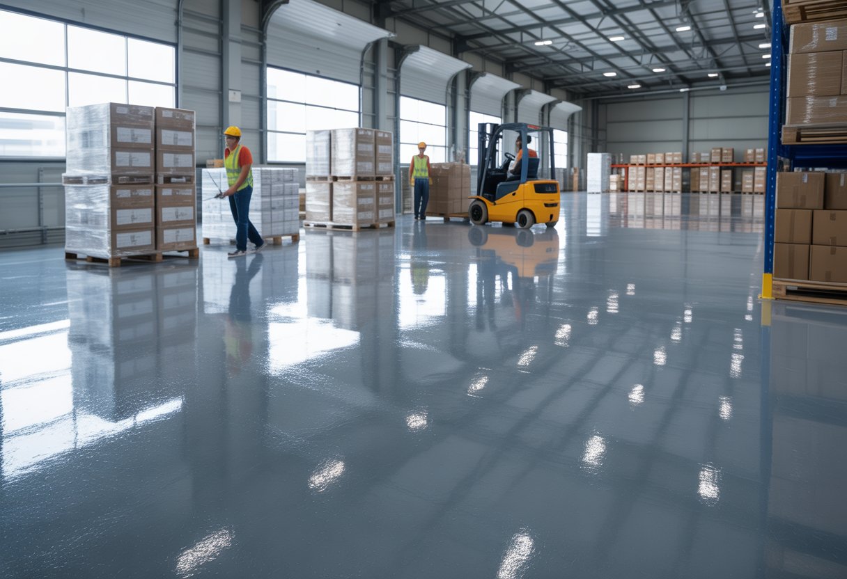 Interior of a spacious warehouse with shiny epoxy flooring, pallets of goods, forklifts, and workers moving items.