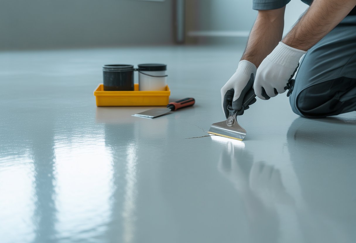 Close-up of a technician repairing a small crack on a smooth epoxy resin floor using tools in a clean indoor space.