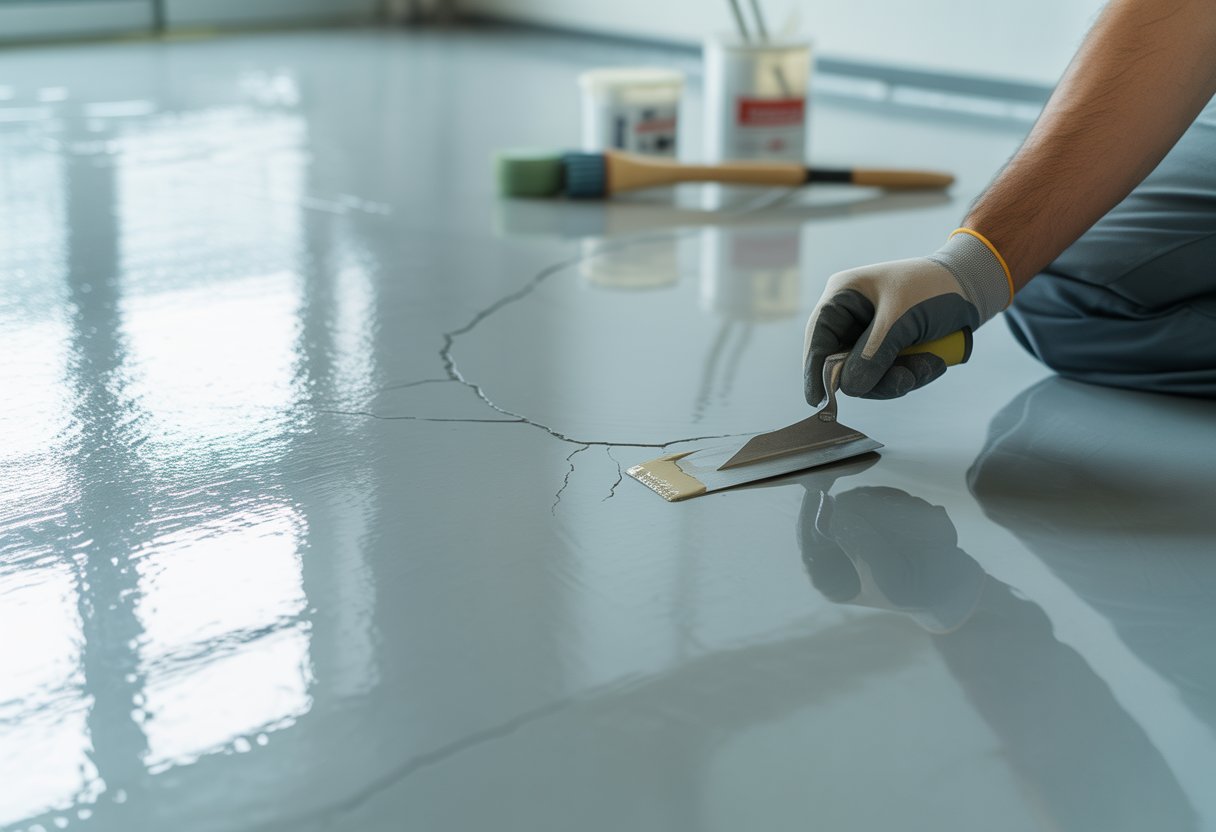 A close-up of a person repairing cracks on a shiny epoxy resin floor using a small tool and clear repair compound.