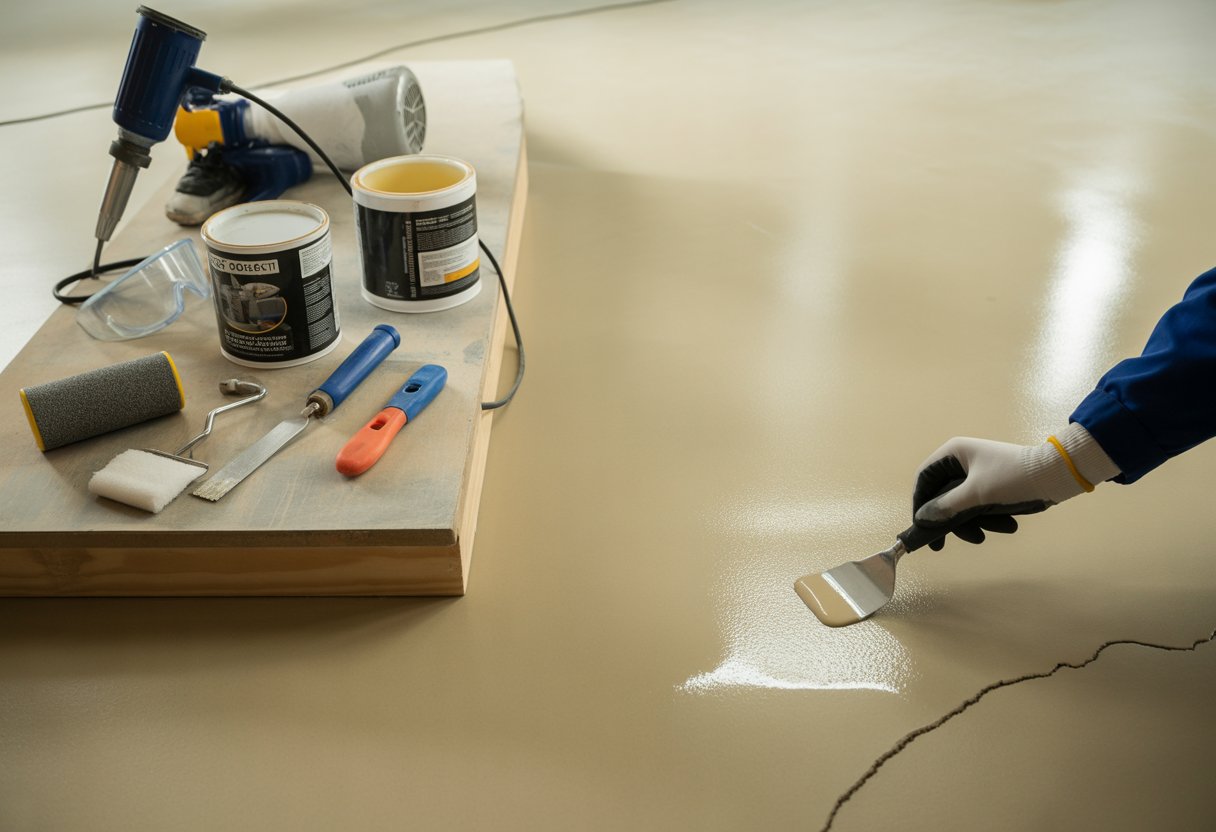 A workshop scene showing tools and safety equipment used to repair cracks in an epoxy resin floor.